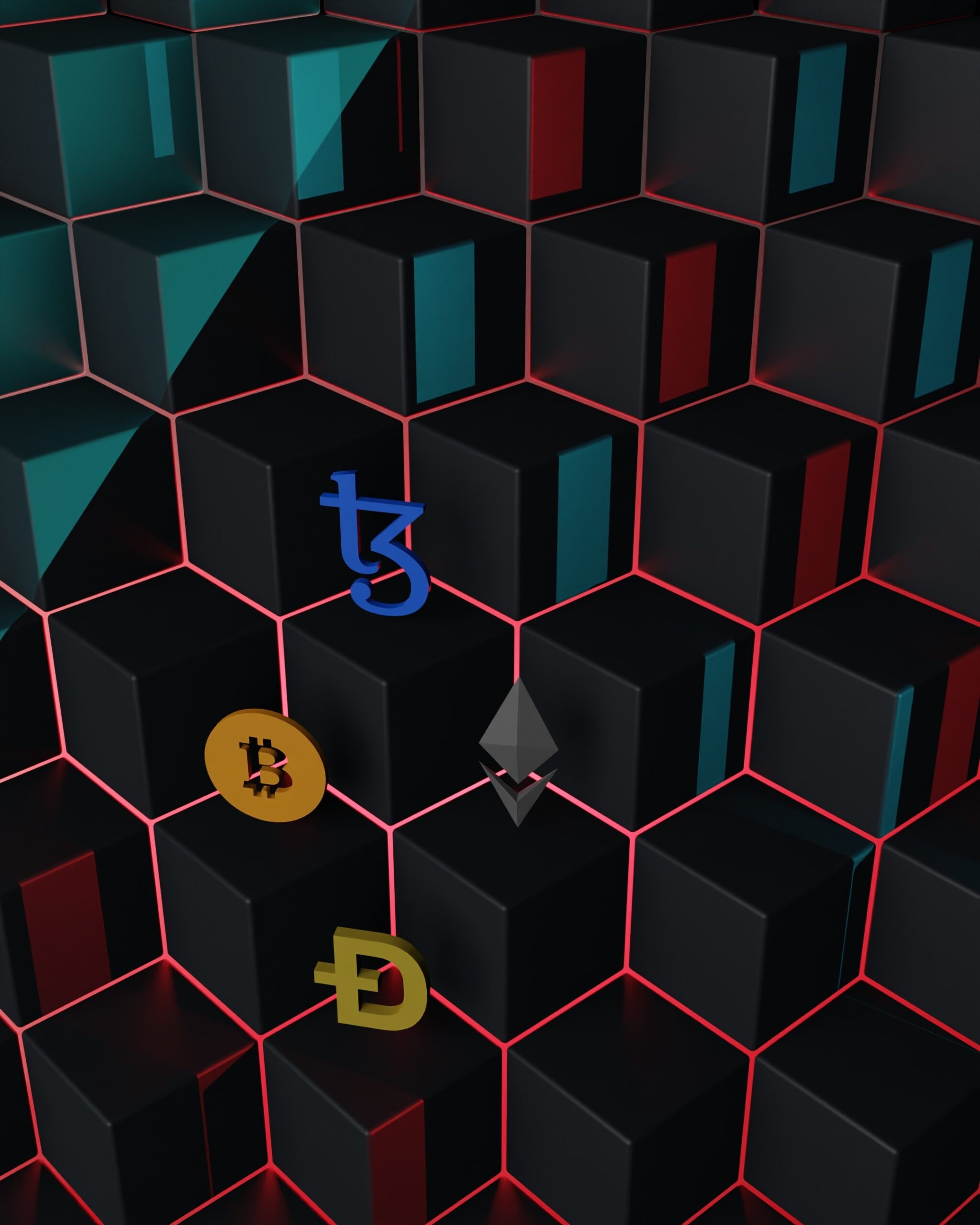 An abstract background with honeycomb pattern on which different crypto currency symbols are hovering in the foreground