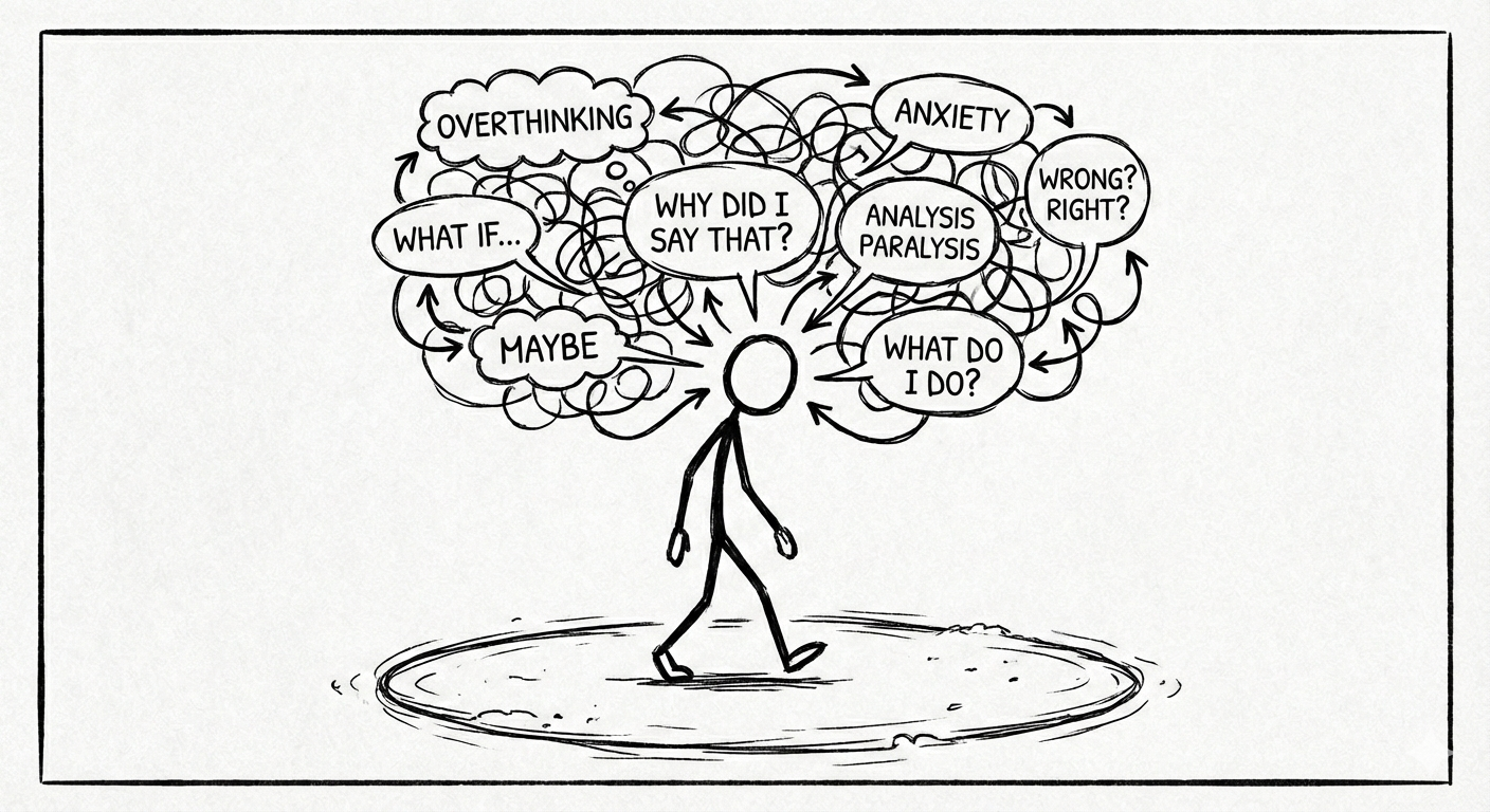 Simple Cartoon figure walking in circles overthinking things
